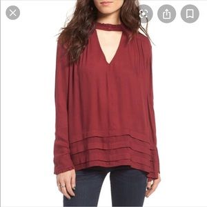 Sun and Shadow Ruffled Trim Keyhole Blouse